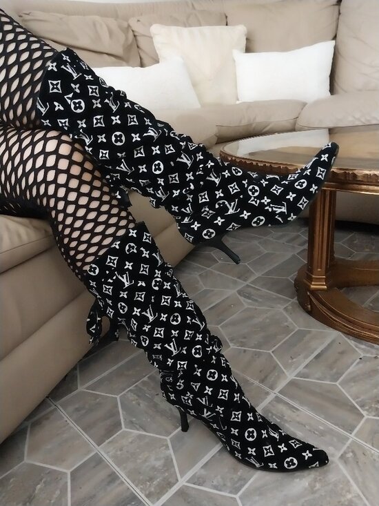Shoes - Sexy Black & White suede LV print thigh high, High heel Boots.